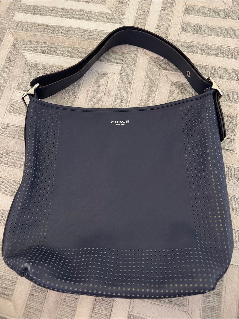 Coach Navy Perforated Leather Shoulder Bag